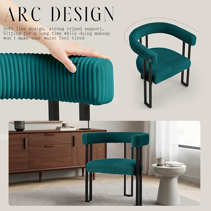 Vanity Chair for Makeup Room Corduroy Accent Chair with U-Shaped Backrest Modern Comfy Desk Chair No Wheels Upholstered Dining Chair with Metal Legs for Bedroom Living Room (Teal1)