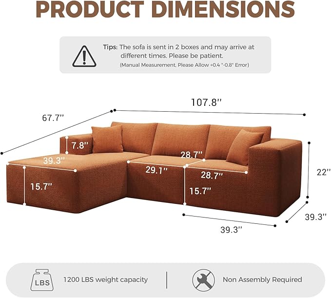 108 Sectional Couches 4 Seat Modular Sectional Sofa with Left Chaise Lounge Boneless Cloud Couch L-Shape Upholstered Couch for Apartment Living Room No Assembly Required (Orange)