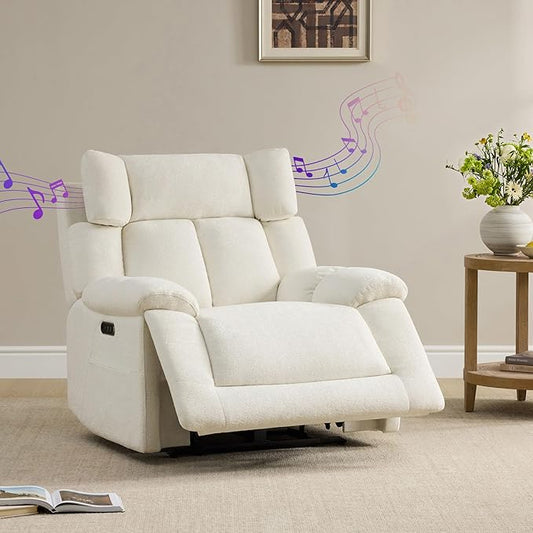 CHITA Oversized Power Recliner Chair with Bluetooth Speakers for Adults Lay Flat Recliner with Power Lumbar Support Manual Winged Headrest and USB &amp Type-C Charging Ports Cream