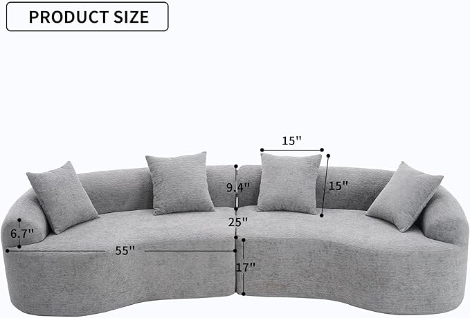 110 Sectional Sofa Round Curved Couch Modern 4 Seat Sofa with Wood Grain Chenille Fabric Comfy Deep Seat Sponge Couch with 4 Pillows for Living Room Grey