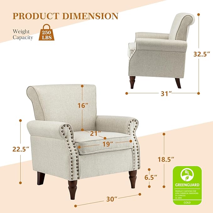 Modern Upholstered Accent Chair with Wood Legs Wingback Armchair with Removable Cushion Comfy Nailhead Trim Lounge Chair Single Sofa Reading Chairs for Living Room Bedroom