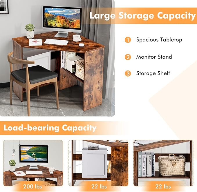 LDAILY Corner Desk Space Saving 90 Degree Triangle Computer Desk with Storage Shelves &amp Cable Holes Wood Compact Corner Writing Table for Small Spaces Home Office Bedroom &amp Living Room Co