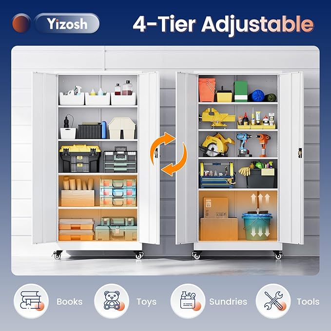 Yizosh Metal Garage Storage Cabinet with Locking Doors and Adjustable Shelves- 75 Rolling Steel Tool Cabinet for Home OfficeGarageWarehouse