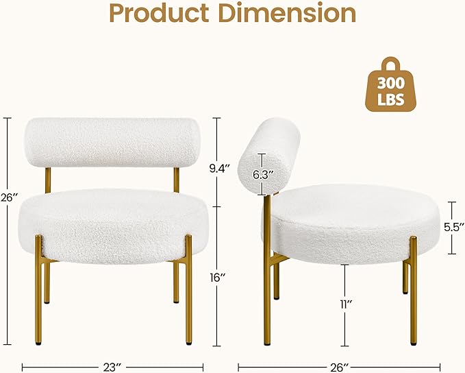 Topeakmart Modern Vanity Chair Boucle Fabric Accent Chair with Gold Metal Legs for Living Room Makeup Room White