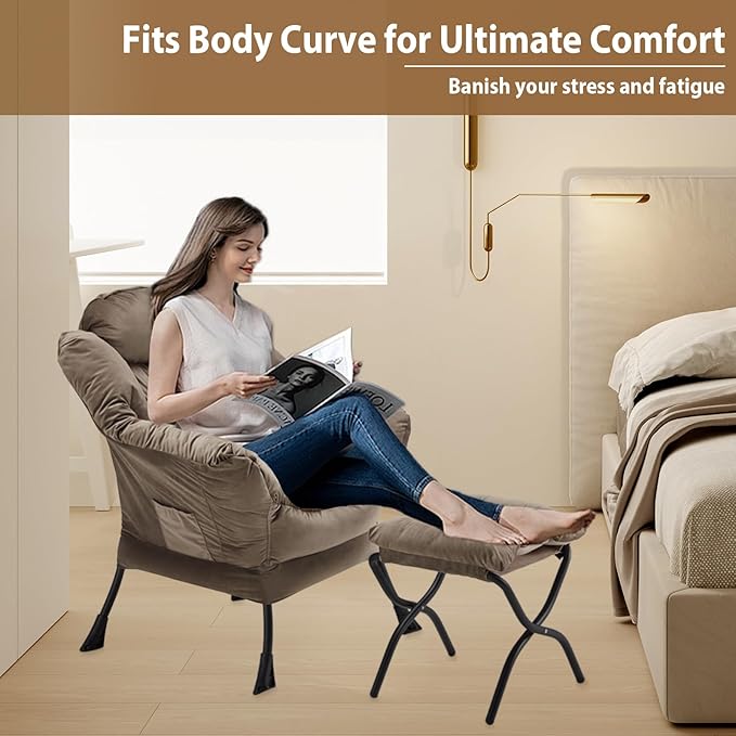 Lazy Chair with Folding Ottoman Accent Chair Velvet Upholstered with Metal Structure and Non-Slip Pads Sofa Armchair with Footrest and Side Storage Bag for Dorm Room Office Dark Gray