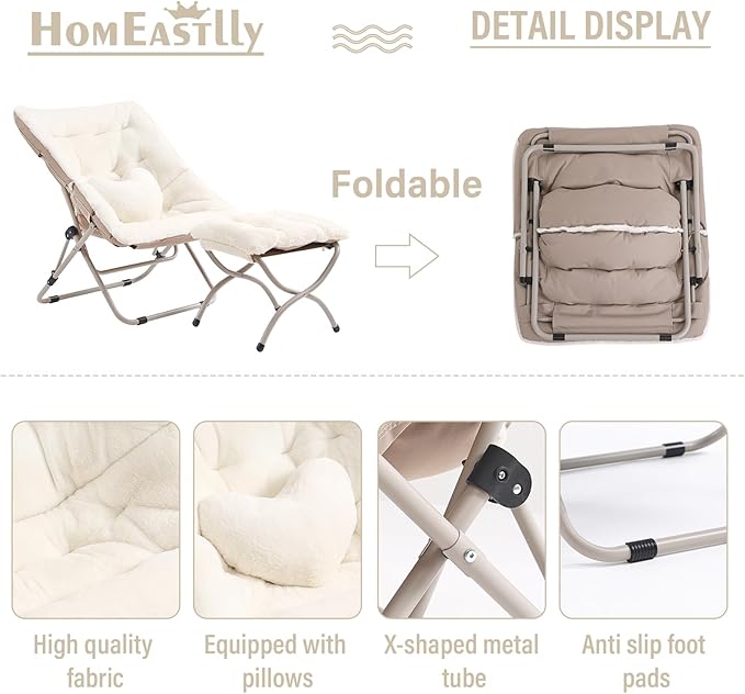 Saucer Chair with Ottoman Comfy Oversized Folding Chair Faux-Fur Reading Chair for Adults Foldable Accent Lazy Chair Metal Frame Chair for Living Room Bedroom Beige