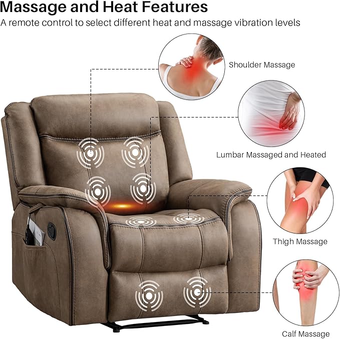 Massage Recliner Chair with Heat Faux Leather Recliner Chairs for Adults 39 Wide Manual Reclining Ergonomic Lounge Chair Overstuffed Wall Hugger Recliners for Living Room Nut Brown