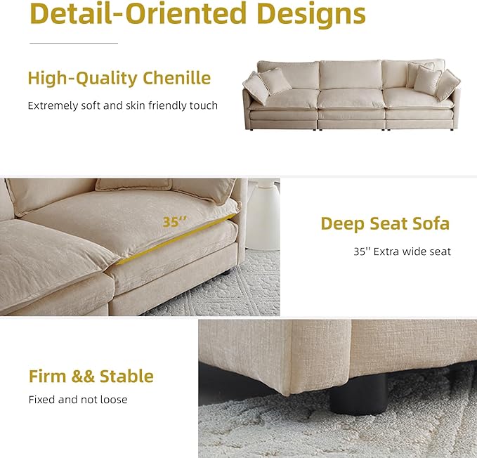 111.5 Modular Sectional Sofa U Shaped Deep Seat Cloud Couch with OttomanConvertible 3-Seater Comfy Chenille Upholstered Sofa Set for Living Room Apartment Studio – Light Coffee