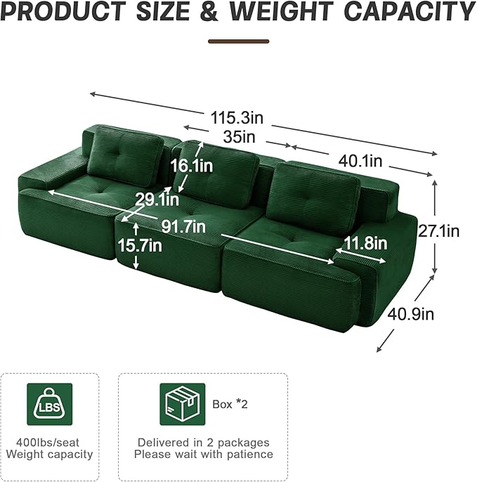 117 Modern Compressed Boneless Couch 3 Seater Sectional Couches for Living Room Green Corduroy Cloud Modular Sectional Sofa Comfy Memory Foam Extra Deep Sofas para Sala No Assembly