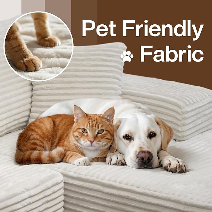 106'' Modular Sectional Sofa L-Shaped Boneless Cloud Couch with Chaise Lounge 4-in-1 Flexible Combination Faux Rabbit Fur &amp Layered Cushion Deep Seat No Assembly Beige Right Facing Chaise