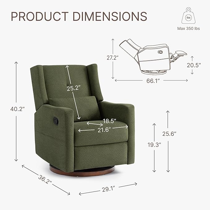 Swivel Rocker Recliner Chair Nursery Glider Recliner with Wood Base Manual Rocking Comfy Upholstered Fabric Reclining Single Sofa for Nursery Bedroom Living Room