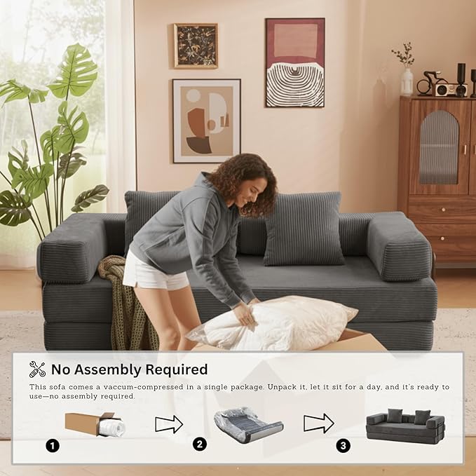Alpen Boneless Couch Bed 4-in-1 Fold Out Couch Bed with L-Shaped Armrests Futon Chair Sleeper Sofa Mattress Fold Out Comfy Lounge for Living Room Bedroom Apartment Dark Grey