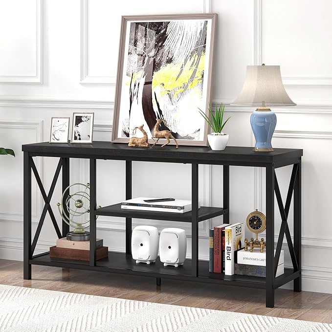 EXCEFUR Modern Entertainment Center for TVs up to 55 Inch Wood TV Stands with Storage Shelves Industrial Media TV Console Table for Bedroom Living Room 47 Inch Black Oak