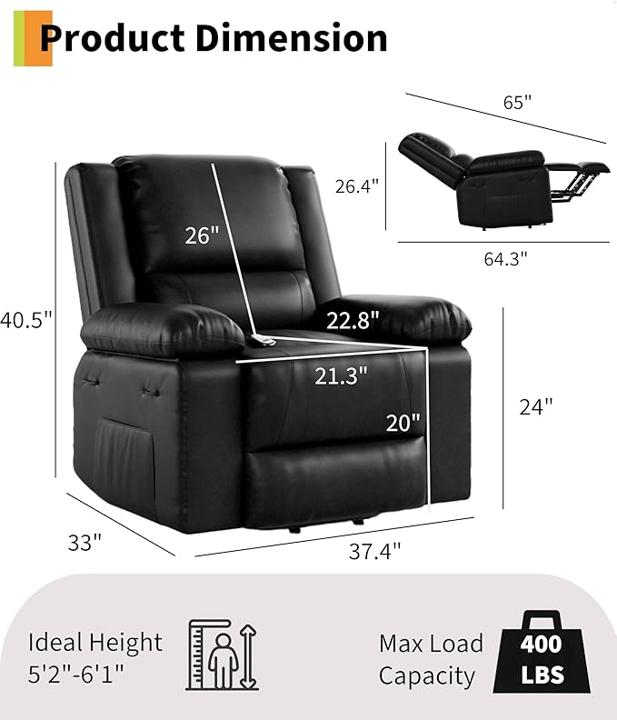 GAOMON Electric Lift Recliner Chair with Heat and Massage PU Leather Power Lift Recliner for Elderly &amp Mobility Impaired Adjustable Back &amp Legs Heavy Duty 400lbs Capacity Lift Chair for Sen