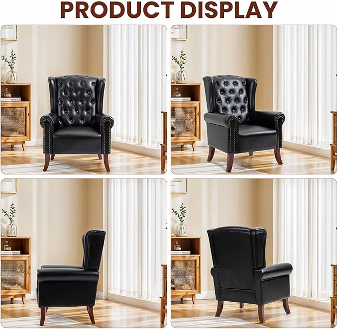 Faux Leather Accent Chair Mid-Century High Back Armchair Upholstered Club Sofa Chair with Wooden Legs Living Room Chair for Bedroom Office Lounge (Black)