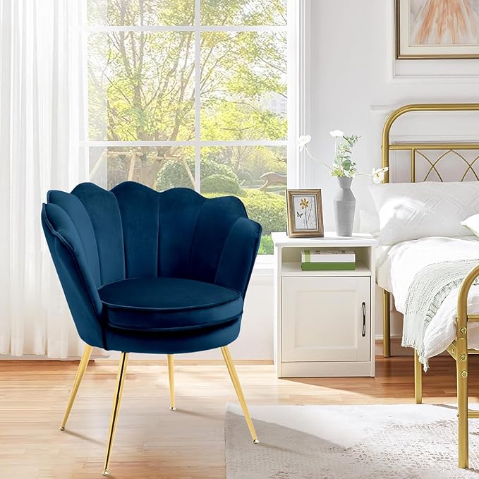 Accent Chairs Set of 2 for Living Room Velvet Upholstered Makeup Room Vanity Chair with Back Golden Metal Legs Small Accent Side Chair for Bedroom Cloud Chair Set 2 Pcs Dark Blue