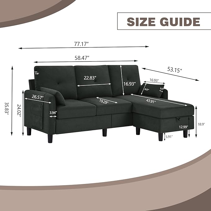 77 Convertible Sectional Couches 3 Seat L Shaped Couch Sofa with Storage Chaise &amp Removable Pillows Linen Fabric Small Couch Mid Century for Living Room Apartment and Office Black