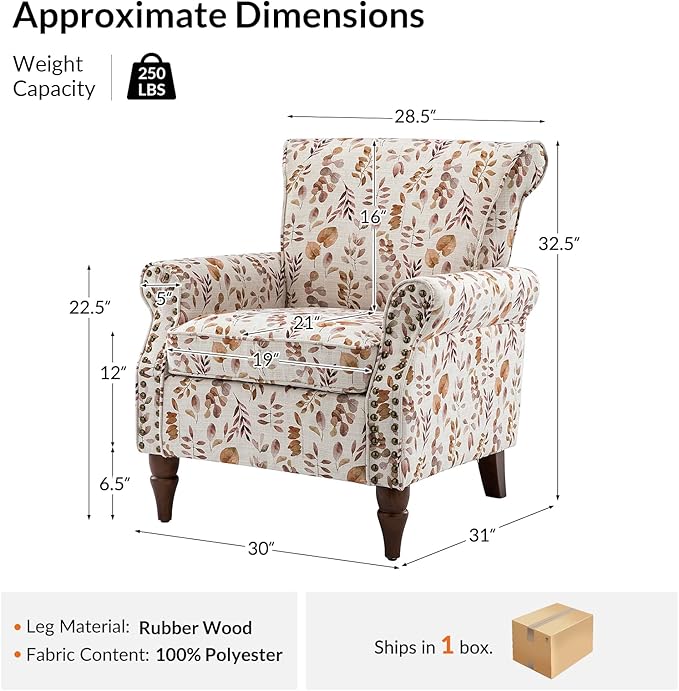 Wingback Accent Chair with Wood Legs Modern Comfy Upholstered Armchair with Removable Cushion and Nailhead Trim Floral Pattern Single Sofa Reading Chair for Living Room Bedroom
