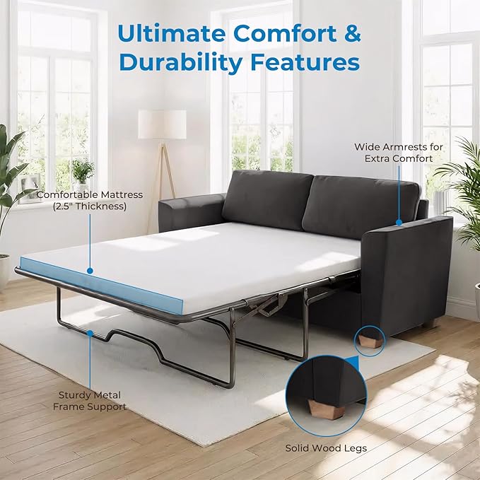 Mjkone 71 W Full Size Pull Out Sofa Bed Sleeper with Memory Foam Pillows and Mattress Convertible 2-in-1 Loveseat Sleeper Sofa Couch with Pullout Beds for Home Living Room Small Spaces Dark Grey