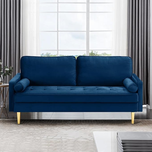 67 Modern Velvet Loveseat Sofa Couch Mid-Century Tufted Upholstered Small Love Seat Couch with 2 Pillows &amp 4 Golden Legs 2-Seats Couches for Compact Space Living Room Apartment (Navy)