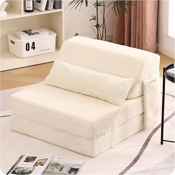Tiita Convertible Folding Sofa Bed Single Size for Adults with Pillow Plush Fabric Floor Mattress Couch Bed Washable Cover &amp Side Pocket Guest Room Dorm Apartment Living Room Beige