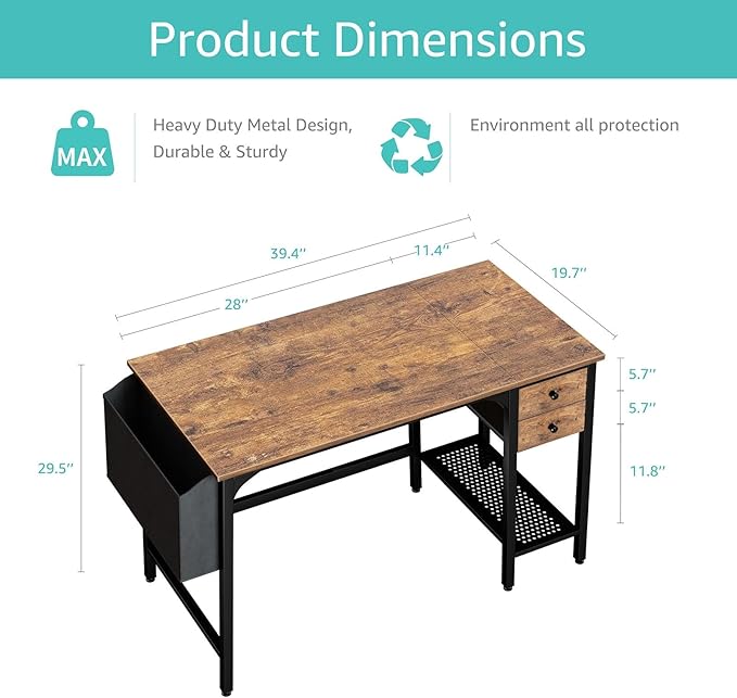 Lufeiya Computer Desk with Drawers - 40 Inch Work Reversible Small Desk for Bedroom Home Office Simple Study Writing Table PC Desks with Drawer Storage Shelves Rustic Brown