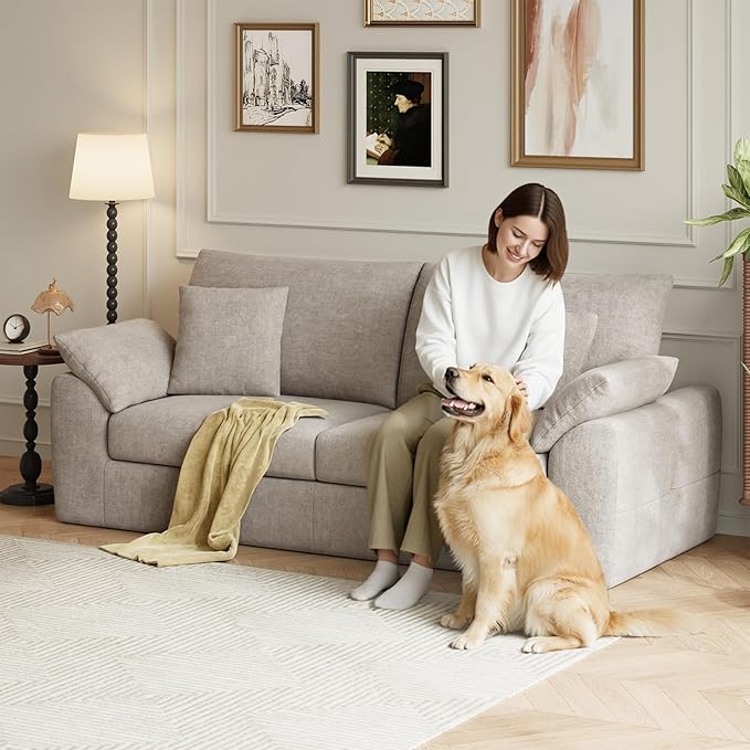 90 Boneless Loveseat Sofa Cloud Foam Couch 3 Seater Upholstered Midcentury Mondern Love Seat Wide Armrest and 4 Pillows for Home Living Room/Small Spaces No Assembly Required Camel