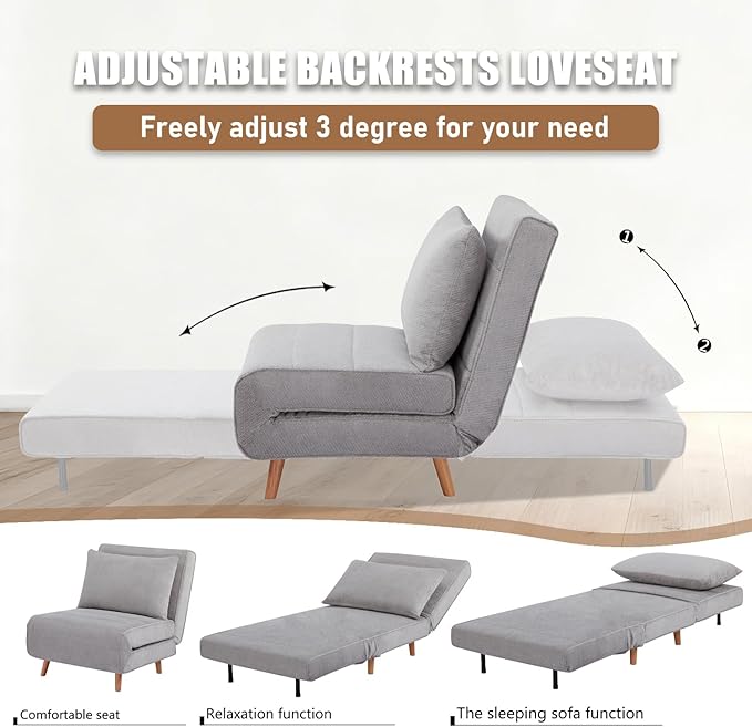 3 in 1 Sleeper Chair Bed Foldable Convertible Chair with Thickened Cushion and Sponge OTE Chenille Fabric Adjustable Backrest Upholstered Accent Chair for Apartment/Bedroom/Office - Light Gray