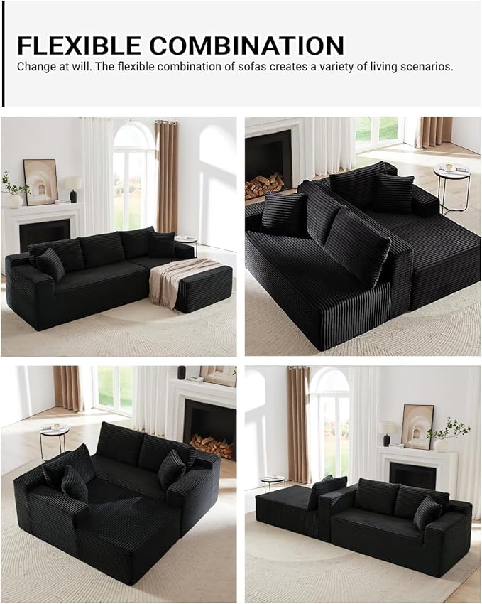 Cloud Sectional Couch Corduroy Modular Sectional Sofa with L-Shape Chaise Modern Boneless Couch Comfy Deep Seat for Living Room Bedroom No Assembly (Black Left Facing Chaise)