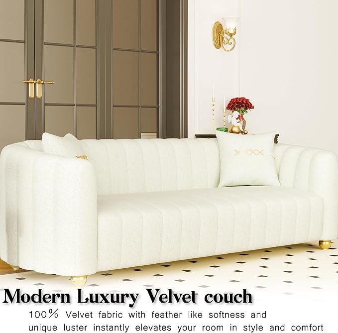 83 Velvet White Couch Modern Sofas for Living Room Cream Sofa 3 Seater Solid Wood Frame with Gold Metal Legs and Two Pillows Comfy Teddy Sofa ﻿