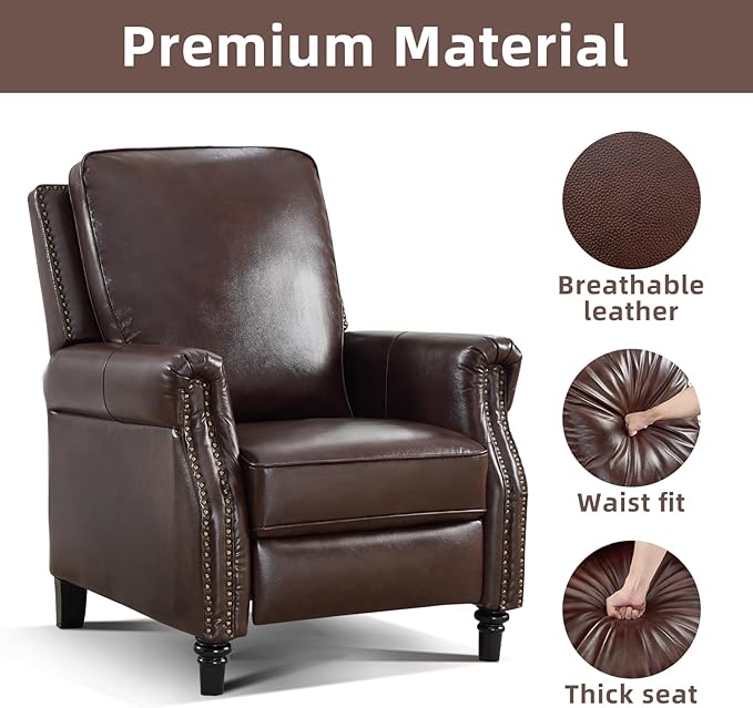 CANMOV Push Back Recliner Chair Genuine Leather Pushback Reclining Chair with Padded Seat Wingback Recliner with Rivet Decoration Single Sofa Recliner for Living Room Apartment Dark Brown