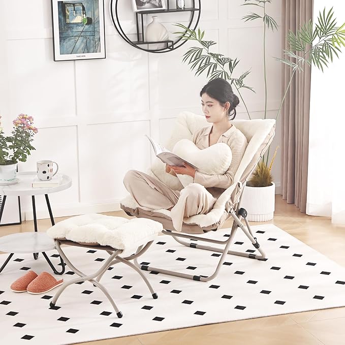 Saucer Chair with Ottoman Comfy Oversized Folding Chair Faux-Fur Reading Chair for Adults Foldable Accent Lazy Chair Metal Frame Chair for Living Room Bedroom Beige