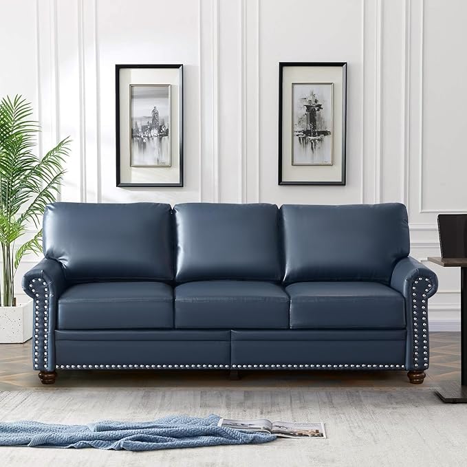 Faux Leather Sofa82 W Mid Century Modern Couch with Storage PlaceOversized 3 Seater Sofa with Nailhead Trim&ampRolled ArmrestsDeep Seat Comfy Couch for Living RoomBedroomApartmentOffice(Navy)