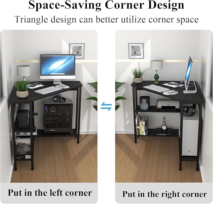 Auromie Corner Desk with Outlets &amp USB Ports 90 Degree Triangle Corner Table with CPU Stand &amp Storage Shelves for Small Space Computer Table with Charging Station for Home Office Bedroom (Bl