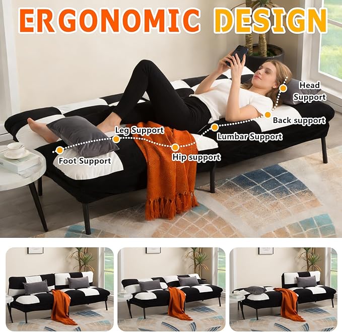 78 Modern Sofa Bed FutonConvertible Sleeper Bed Couch with 4 Reclining BackrestComfy Velvet Cloud Sofa Loveseat for Living Room Bedroom Office (Black+White)