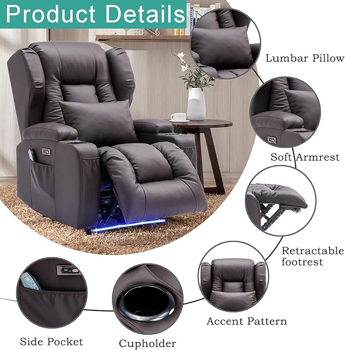 SAMERY Power Recliner Chair Electric Wall Hugger Recliners with Massage &amp Heat Comfy Reclining Sleeper Chair Movie Sofa Home Theater Seat with Cup Holders/USB Port/LED Light/Lumbar Pillow/Remote