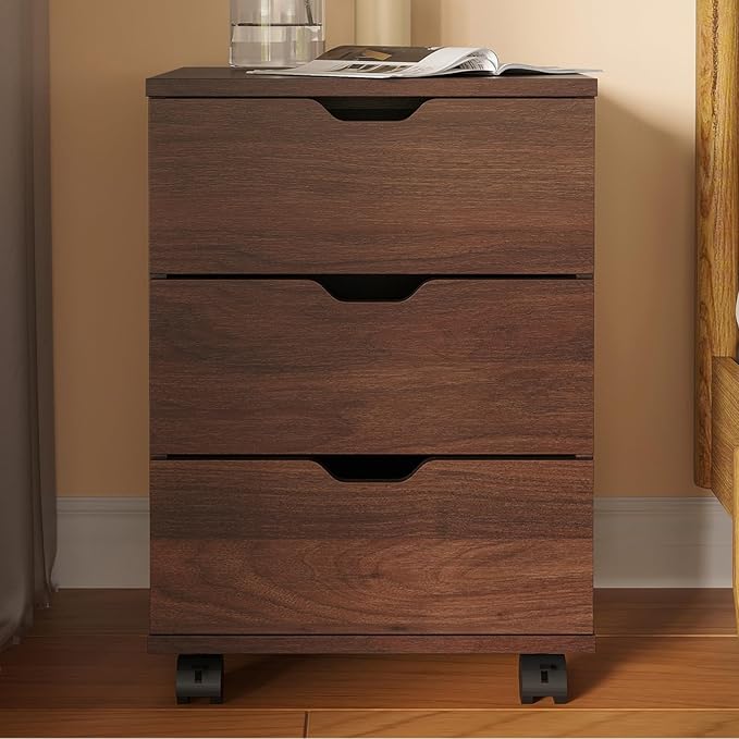 3-Drawer Mobile File Cabinet with Wheels Rolling Under Desk Wood Storage Cabinet Vertical Filing Organizer with Locking Casters for Home &amp Office (Fully AssembledBrown)