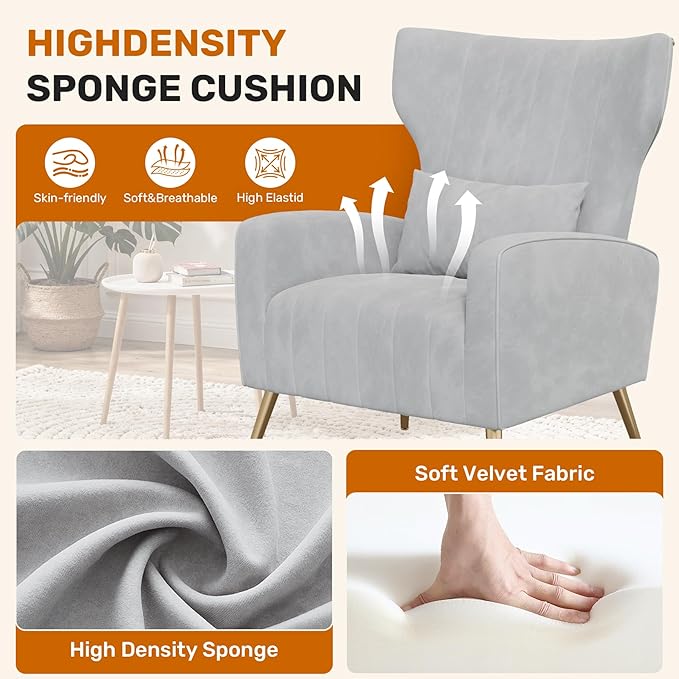 Velvet Accent Chair Wingback for Living Room High Back Arm Chair with Golden Legs Lumbar Pillow Upholstered Single Sofa Bedroom Light Gary