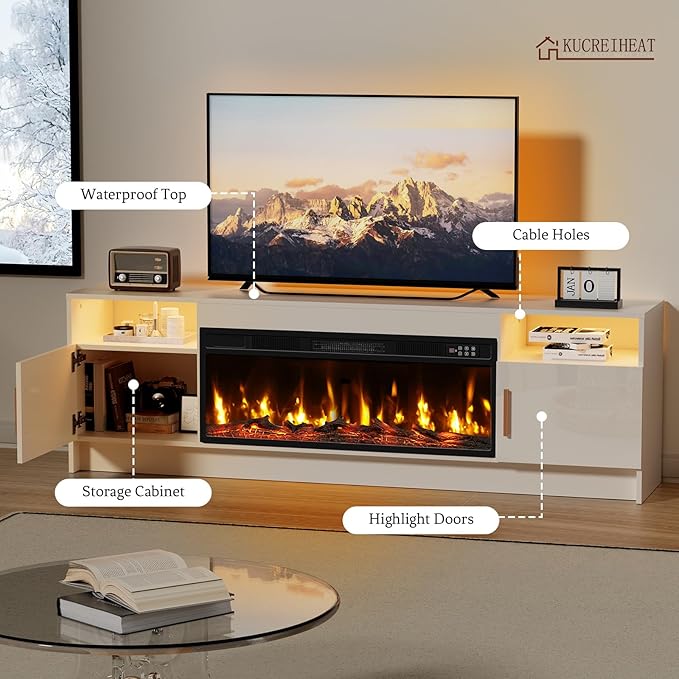 70'' TV Stand with Fireplace Realistic 3D Log Flame White Entertainment Center for 80 inch TV- TV Cabinet with LED Light High Glossy Door Modern TV Console for Living Room