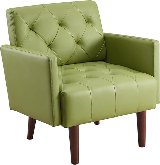 Accent Chairs Leather Accent Chair Modern Upholstered Living Room Chair Cozy Armchair Button Tufted Back and Wood Legs for Bedroom Office Cafe (Green)