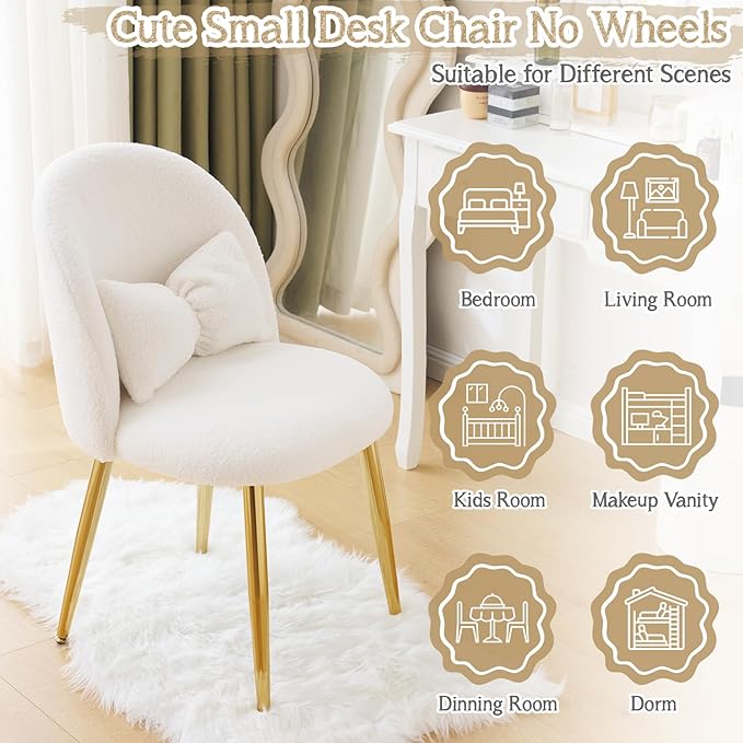 VINGLI Boucle Girls Vanity Chair with Back &amp PillowCute Small Cozy Desk Chair No WheelsComfy Makeup Ch with Ajustable Gold Legsfor BedroomLiving RoomSmall SpaceWhite