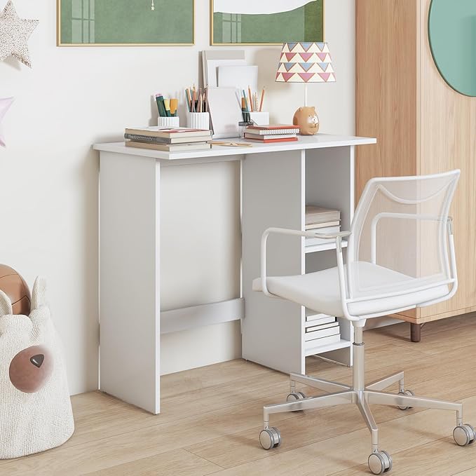 COSTWAY 31.5” Space Saving White Writing Desk Modern Home Office Computer Workstation with Adjustable Shelf Compact PC Table with Storage for Small Spaces/Bedroom/Dorm Rooms