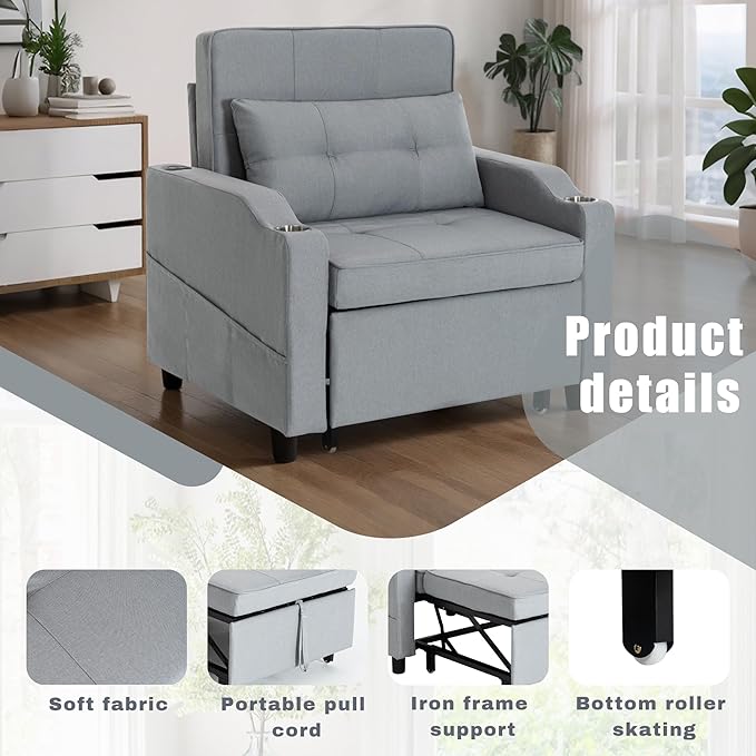 Sleeper Chair 5-in-1 Convertible Chair Bed Pull Out Adjustable Single Armchair Sofa Bed with USB PortsSide PocketCup Holder (Grey)