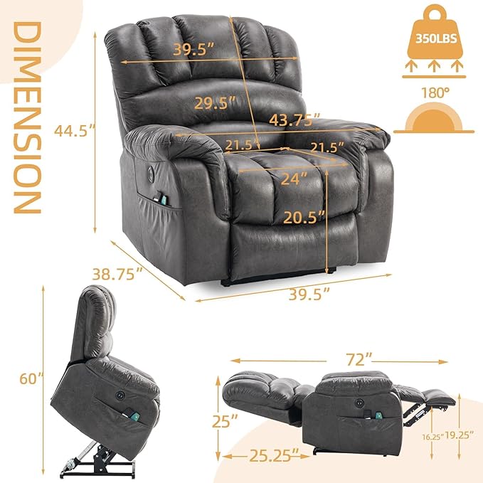 Lay Flat Sleeping Dual OKIN Motor Electric Lift Recliner with Heat Massage for Big Man Large Infinite Position Reclining Chair Up to 350 LBS for Living Room 2 Remote Controls Grey