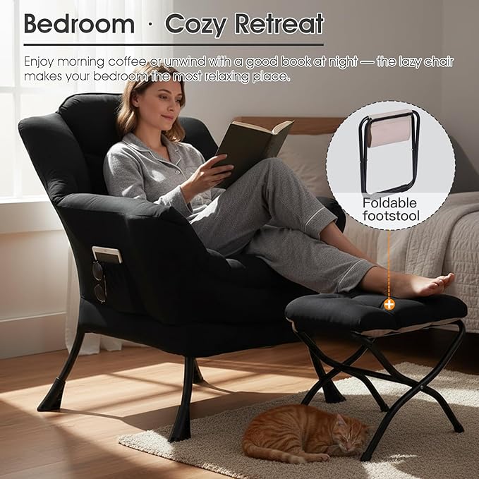 Lazy Chair with Ottoman Large Accent Chair with Ottoman and a Throw Pillow Black Reading Chair for Living Room Bedroom Dorm Room Office Apartment Relaxing Use
