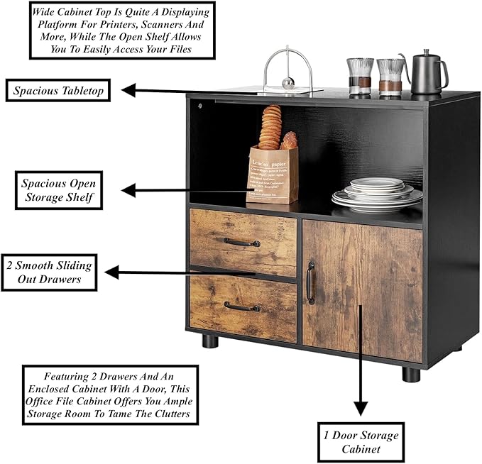 Office File Cabinet Kitchen Buffet Server Sideboard Multipurpose Storage Cabinet Ample Storage Space with Wide Countertop Spacious Shelf 2 Drawers 1 Door Cabinet Safe with Anti-Toppling Device