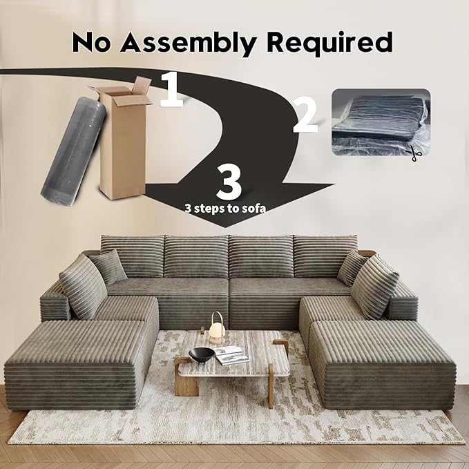 139.4 Modular Sectional Sofa Couch Oversized U-Shaped Minimalist Couches with 2 Ottomans Chaise and 2 Middle Seats Modern Deep Seat Cloud Plush Corduroy Sofas Set for Living Room 8 Seater Camel