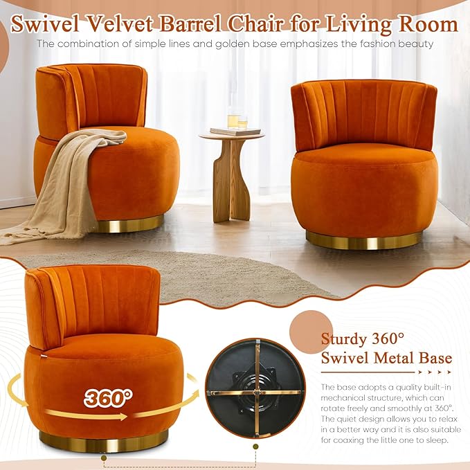 Velvet Swivel Barrel Chair Modern Upholstered Accent Chair 360° Swivel Round Lounge Chair with Gold Metal Base Comfy Arm Chair Sherpa Chair for Nursery Living Room Bedroom Club Office Orange