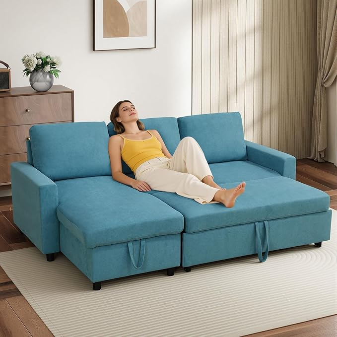 L-Shaped Sleeper Sofa with Chaise Lounge &amp Storage Pull-Out Couch Bed with Recliner Full Size Futon for Living Room Office Apartment Teal
