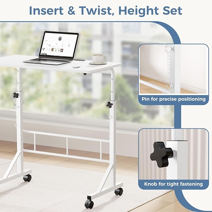 DUMOS 31.5 Adjustable Height Mobile Desk with Locking Wheels &amp Pin-Lock Portable Workstation for Walking Pad &amp Active Home Office White